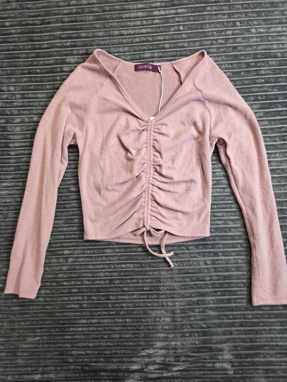 Adore Me Dusty Rose Ruched V-Neck Drawstring Long Sleeve Top